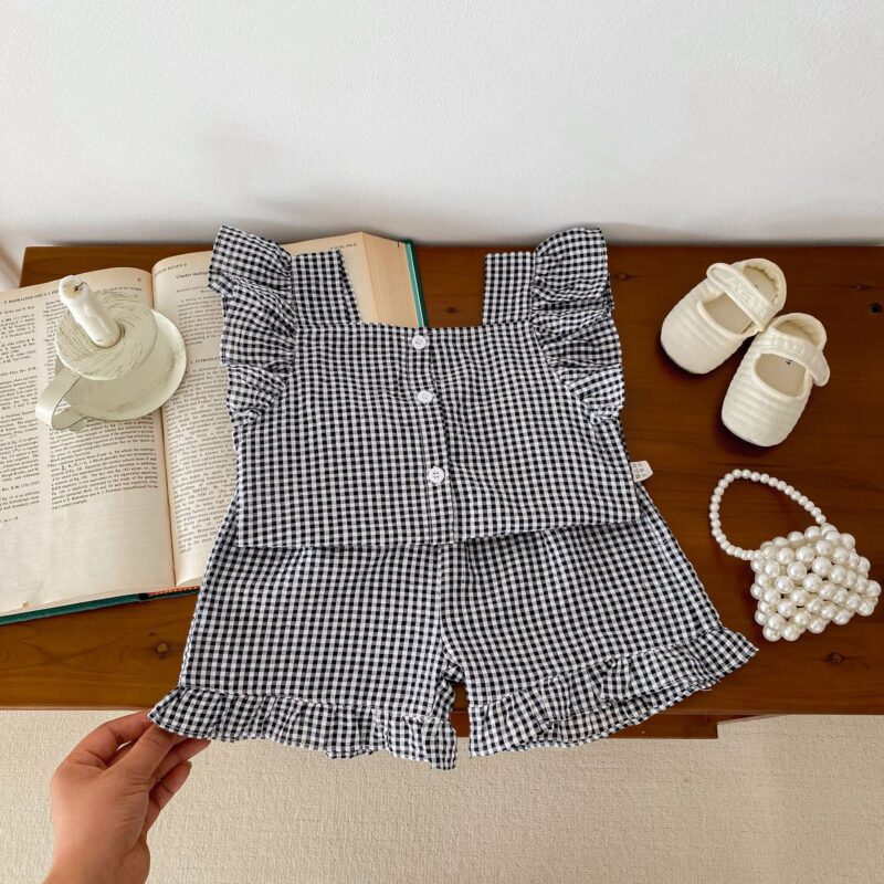 Summer Baby Kids Girls Plaid Shirt And Shorts Clothing Set - Image 14