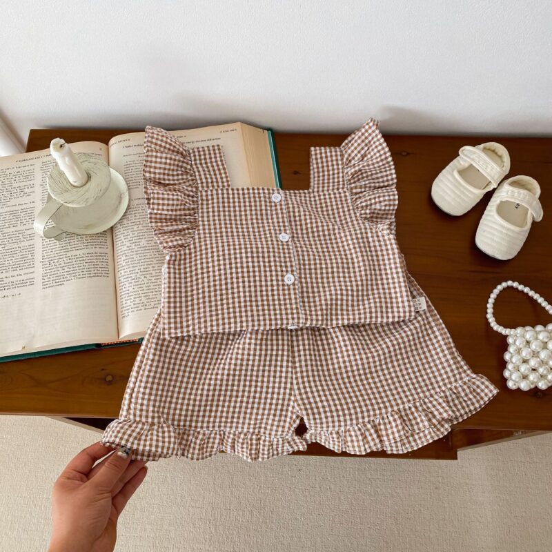 Summer Baby Kids Girls Plaid Shirt And Shorts Clothing Set - Image 9