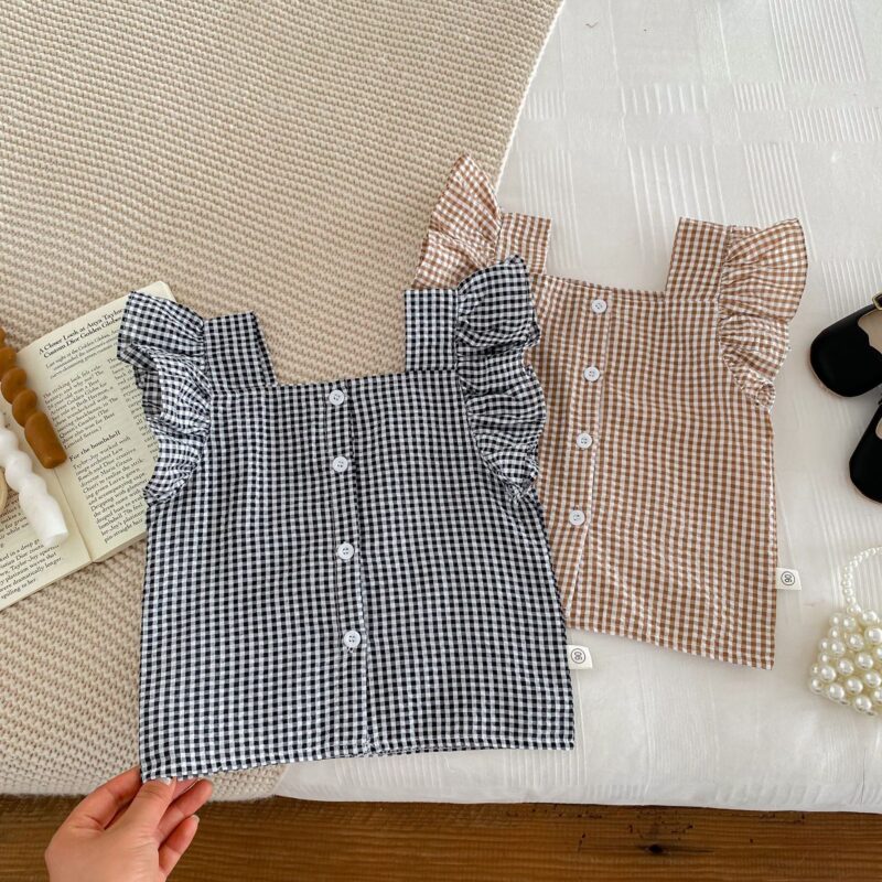 Summer Baby Kids Girls Plaid Shirt And Shorts Clothing Set - Image 5