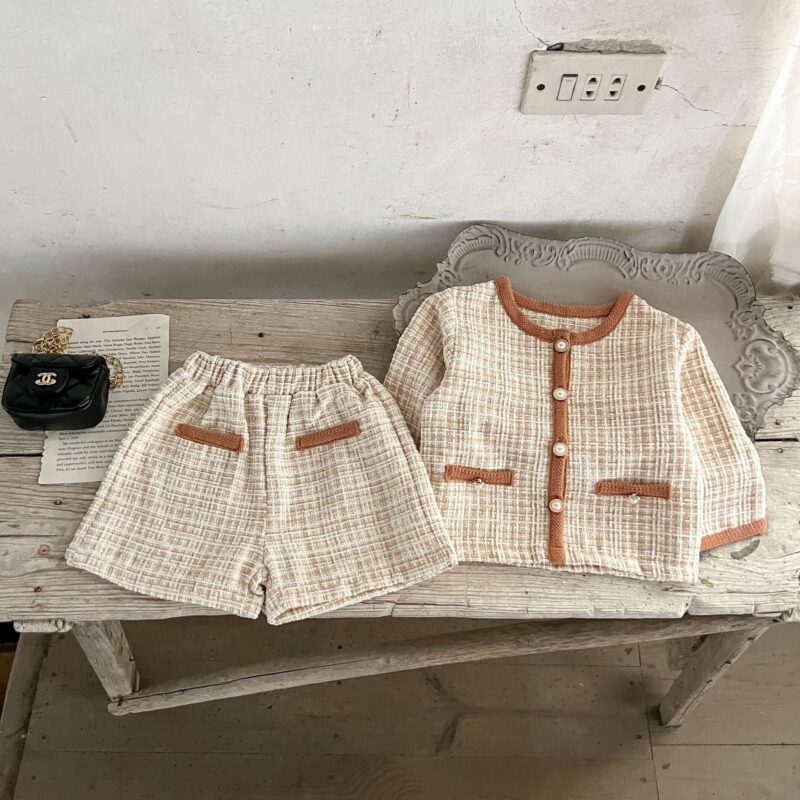 Spring Baby Kids Girls Plaid Cardigan And Shorts Clothing Set - Image 7