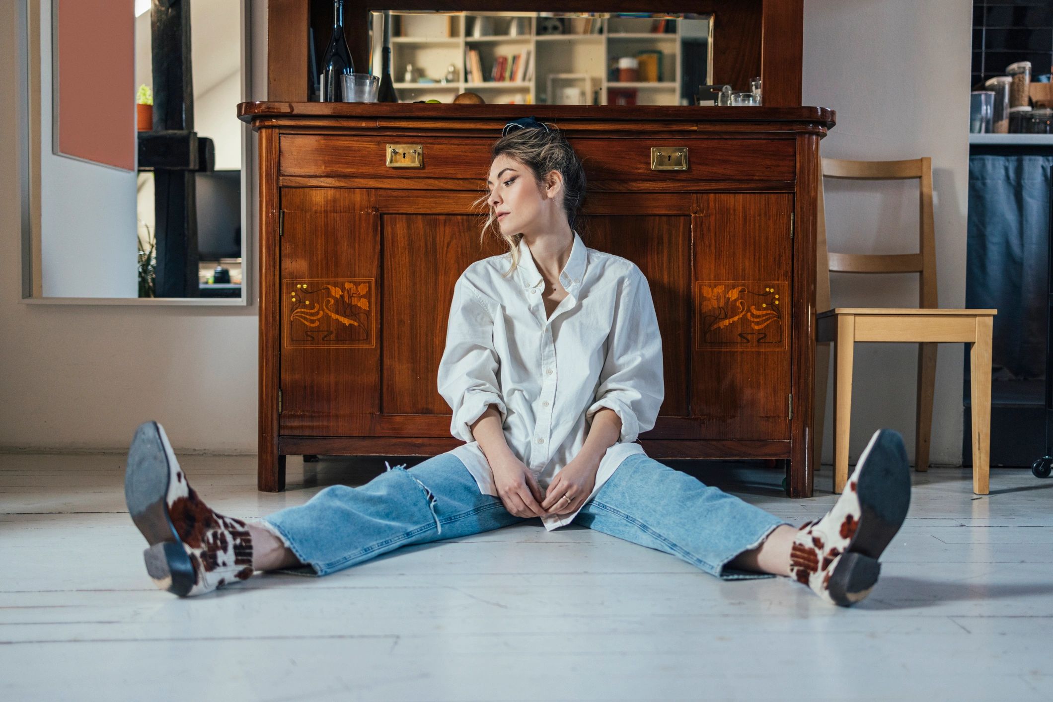 Minimalist fashion editorial portrait in neutral tones